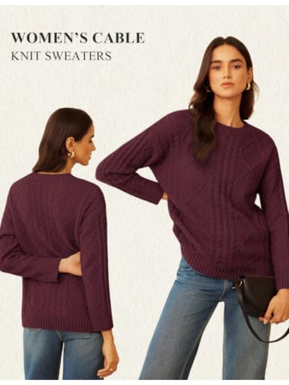 Women Cable Knit Crew Neck Pullover Sweater Warm Cozy Fall Winter - Picture 3 of 6